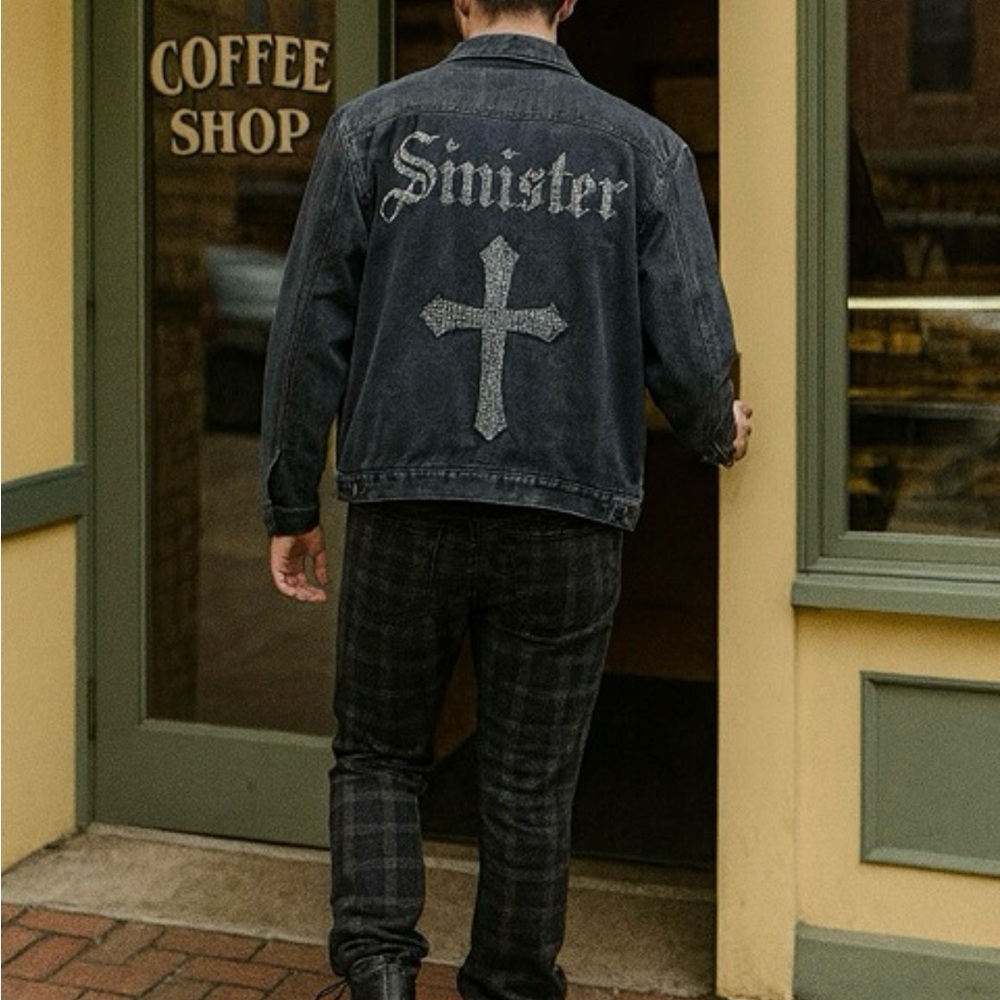 Smoke & Ash Men Jacket M Sinister Cross Bling Washed Black Gray Denim Streetwear